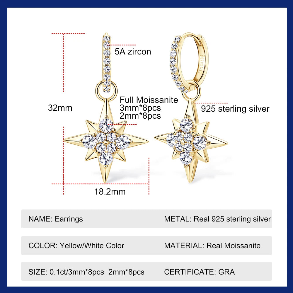 Real Moissanite Hoop Earrings S925 Sterling Silver Plated 18k Gold Star Drop Earrings for Women Piercing Jewelry Gifts