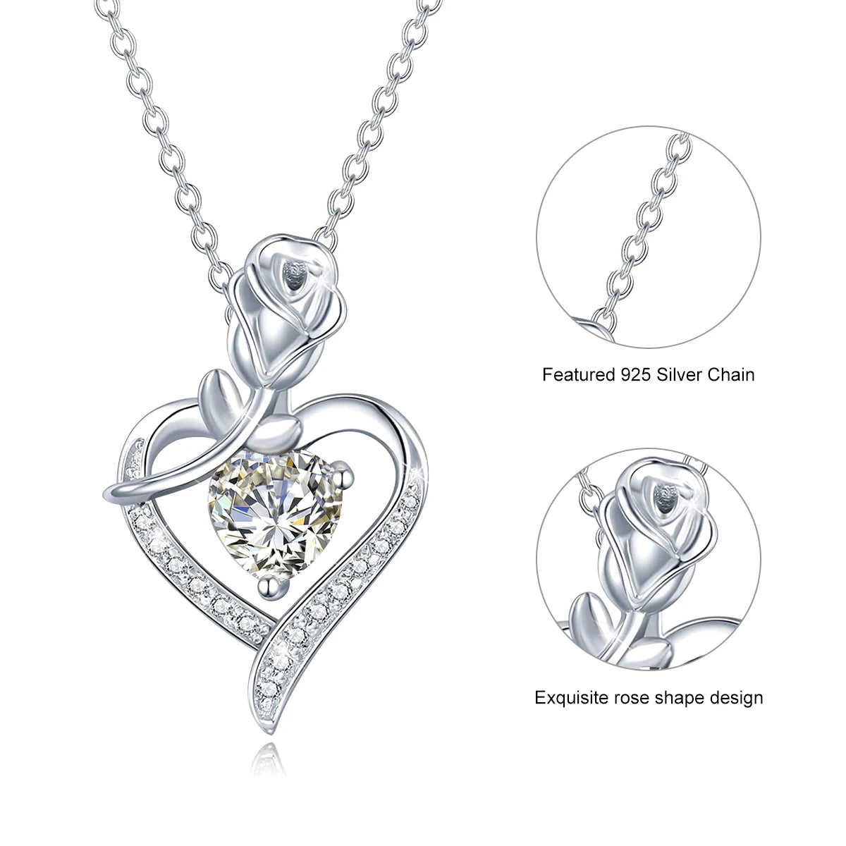 Moissanite Necklace For Women Heart Pendant Luxury Rose Flower