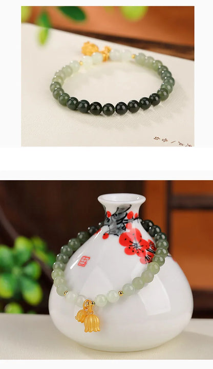 Retro National Style Hand String Beads Bracelets Hotan Jade Green