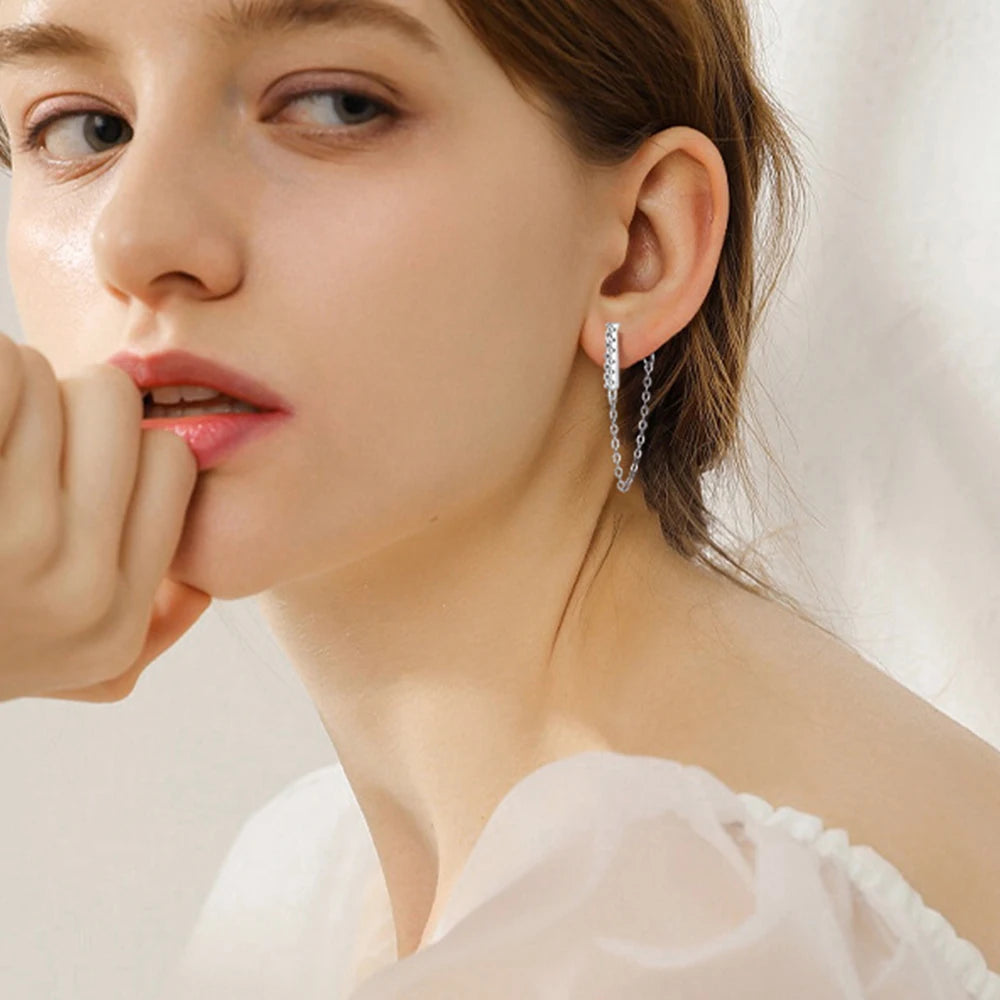 Original 925 Sterling Silver Long Chain Stud Earrings 1.4mm Full Moissanite Diamond Earring for Women Trending Jewelry Gift