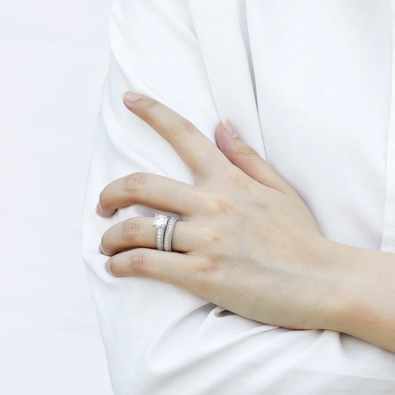 Moissanite Diamond S925 Sterling Silver 2 Carat D Color Engagement Wedding Ring Set Women Fine Jewelry