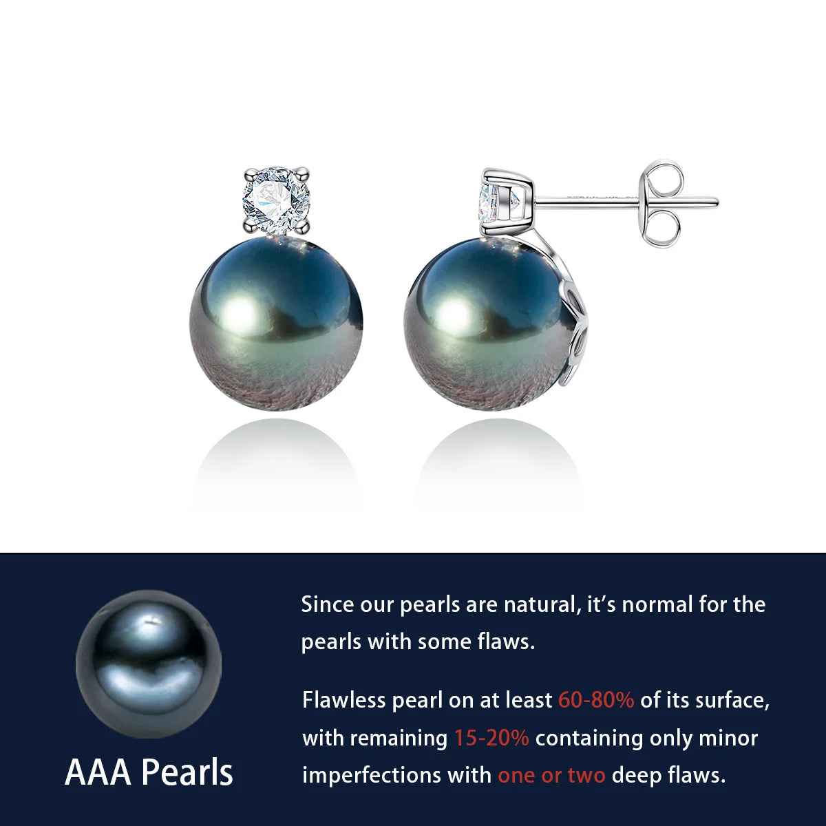 10K White Gold 10-11mm High Luster Natural Tahitian Black Pearl Moissanite Diamond Earrings