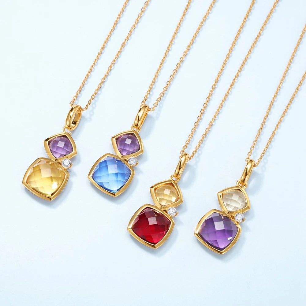 Lab Sapphire Amethyst Garnet Citrine Gems Pendant Necklace Vintage 10K Gold Plated 925 Sterling Silver