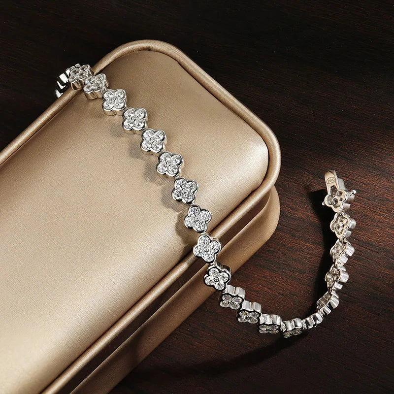 Moissanite Tennis Bracelet 2mm Diamond GRA Certified s925 Sterling Silver Four Leaf Clover D VVS1
