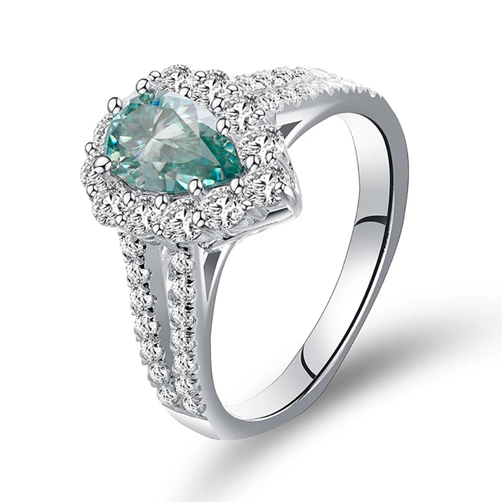 Moissanite Rings For Women Party Gift 100% S925 Sterling Silver Plated 18K 1ct Pear Cut Green