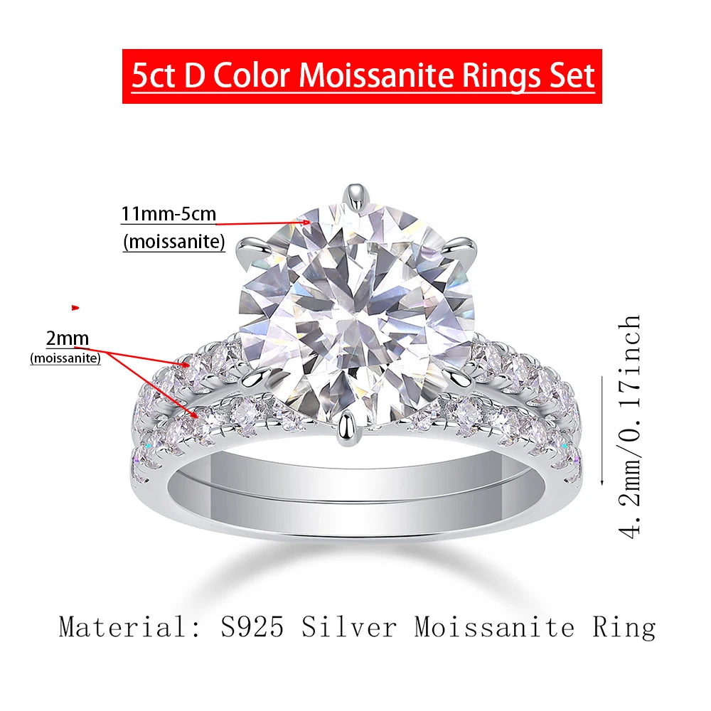 Big Moissanite Diamond Rings Set 925 Sterling Silver 5ct D Color