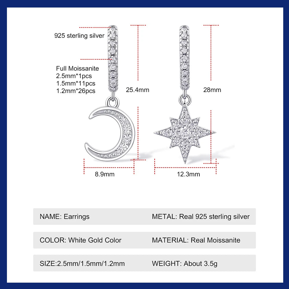 Full Moissanite Earrings 925 Sterling Silver Star Moon Asymmetric Hoop Earrings for Women Girls Party Jewelry Gifts