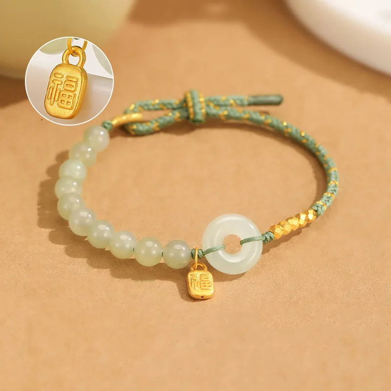 Lucky Buckle Braided Bracelets Natural Hetian Jade