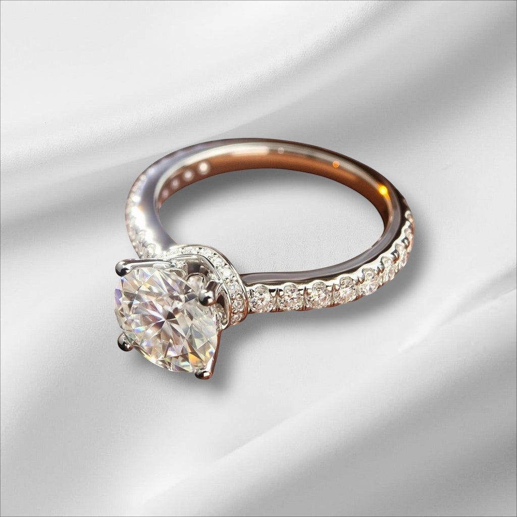 Bee-Bees 1.5ct Moissanite engagement ring in s925 Sterling Silver with 18k gold plating and pavé band.