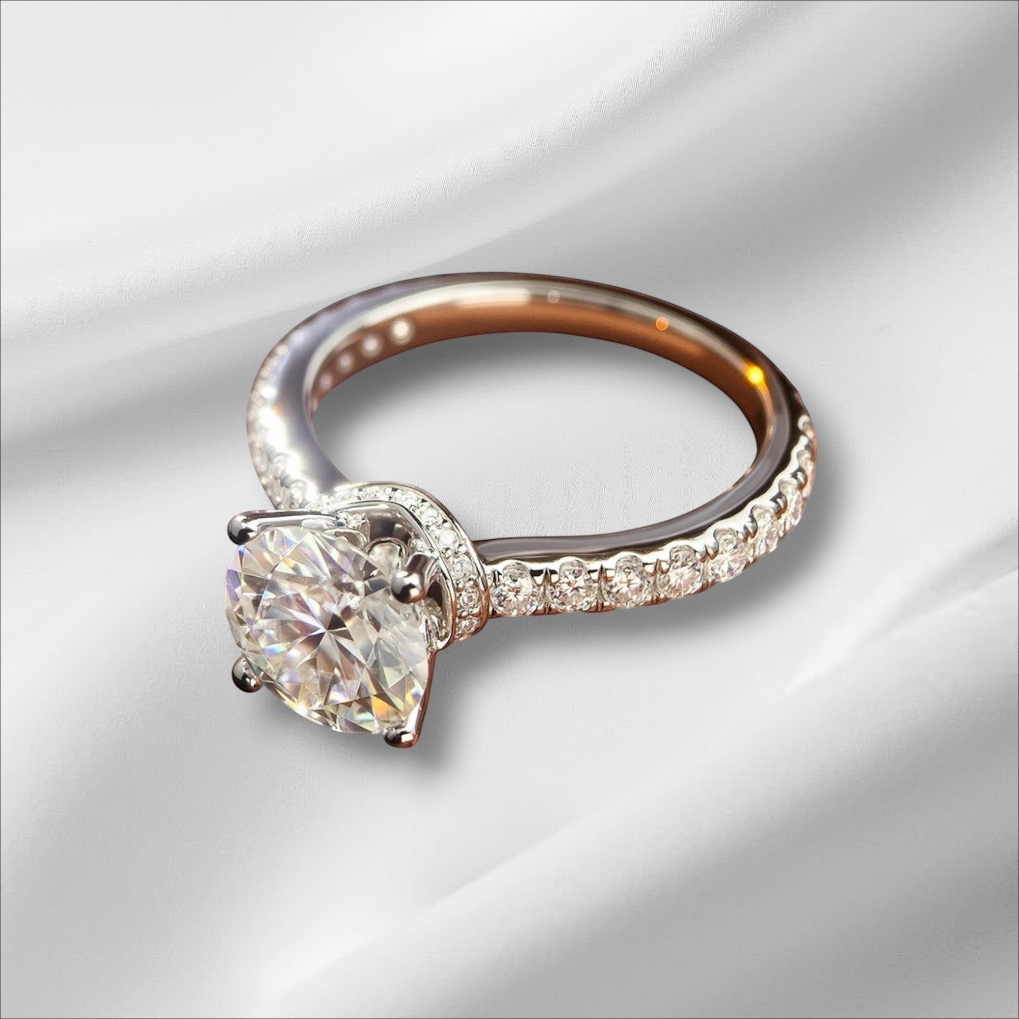 Bee-Bees 1.5ct Moissanite engagement ring in s925 Sterling Silver with 18k gold plating and pavé band.