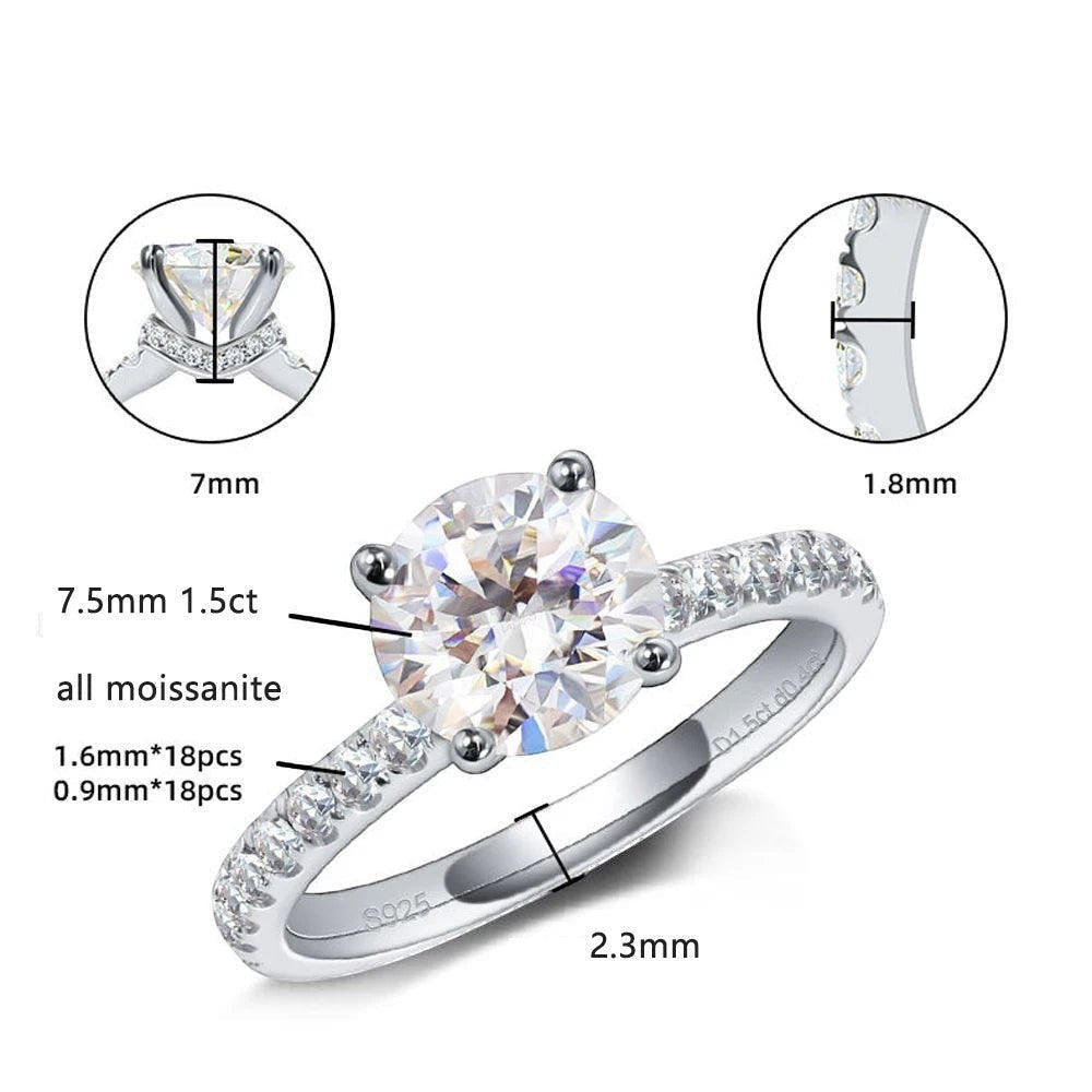 Bee-Bees 1.5ct round brilliant moissanite engagement ring in s925 sterling silver with 18k gold plating. Features a solitaire stone and pavé band.