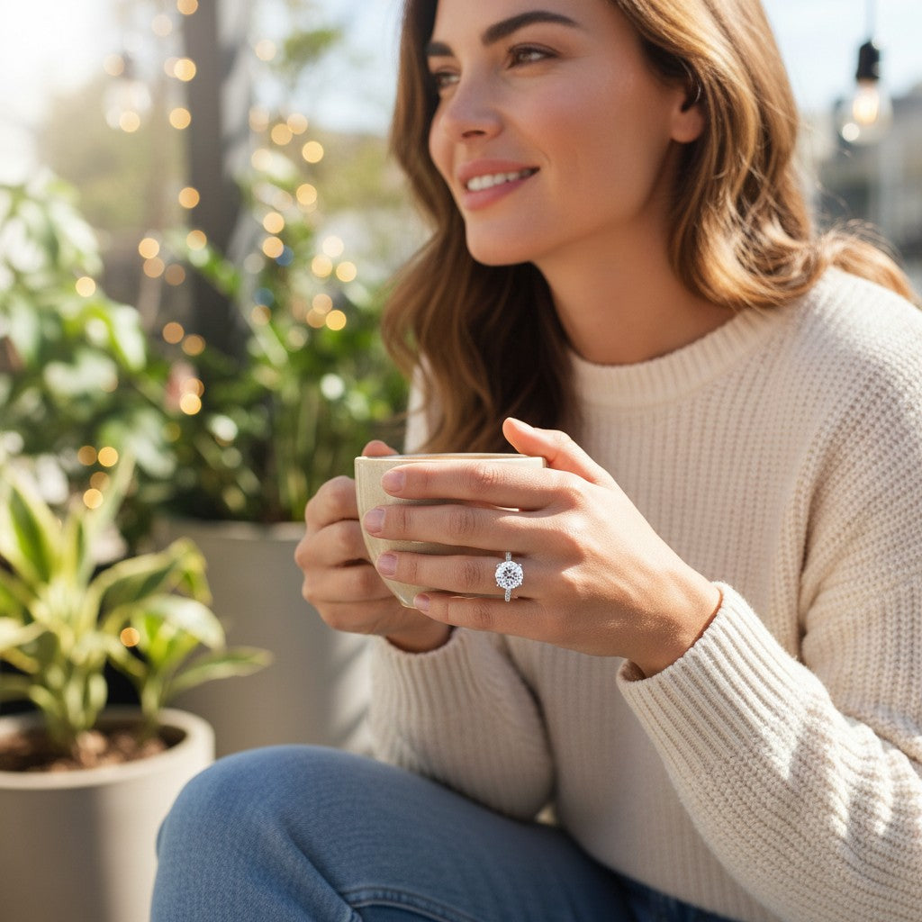 Bee-Bees 1.5ct round moissanite engagement ring in s925 sterling silver worn by a woman holding a coffee cup outdoors.