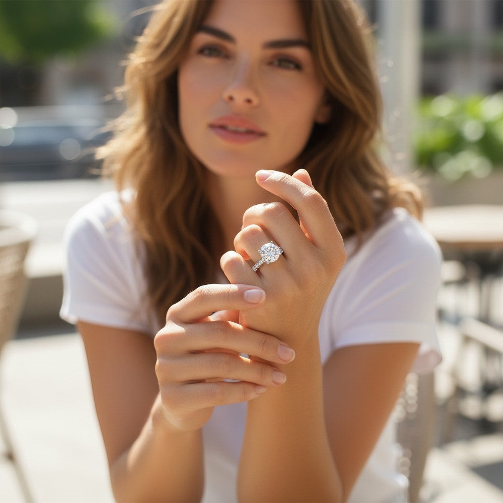Bee-Bees 1.5ct round moissanite engagement ring in sterling silver worn by a woman in a casual outdoor setting.
