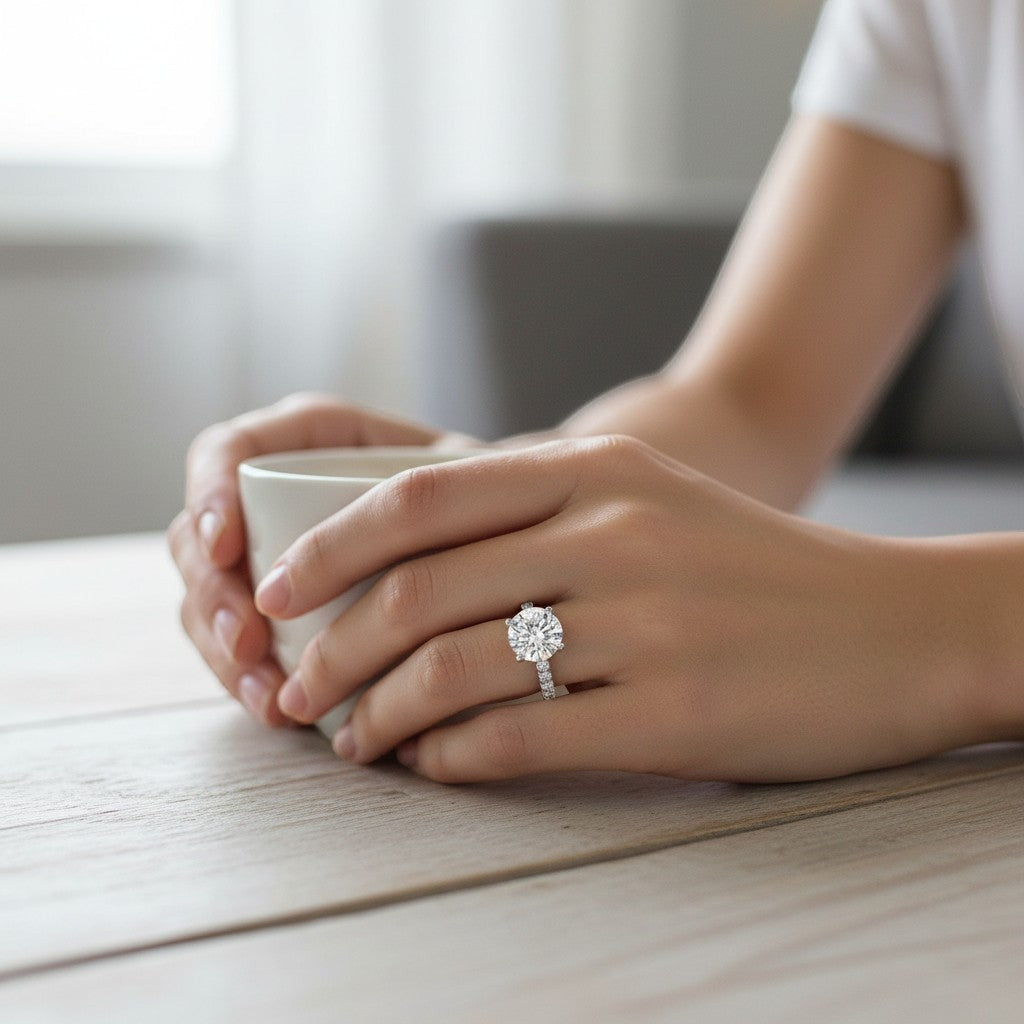 Bee-Bees 1.5ct round brilliant moissanite engagement ring in s925 sterling silver worn on a woman's hand
