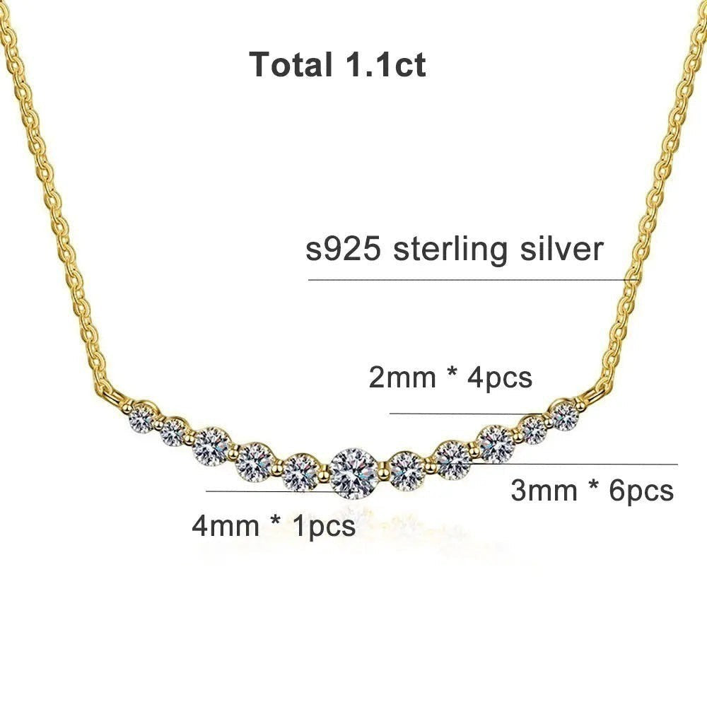 Bee-Bees 18k gold plated s925 sterling silver necklace with 1.1ct D VVS1 Moissanite stones in a curved smile design.