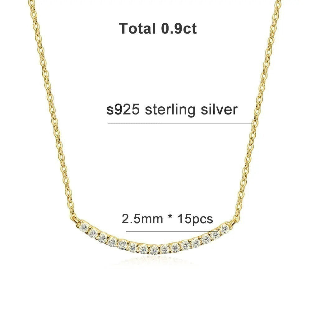 Bee-Bees 18k gold plated s925 sterling silver necklace with 0.9ct D VVS1 Moissanite stones in a curved smile pendant.