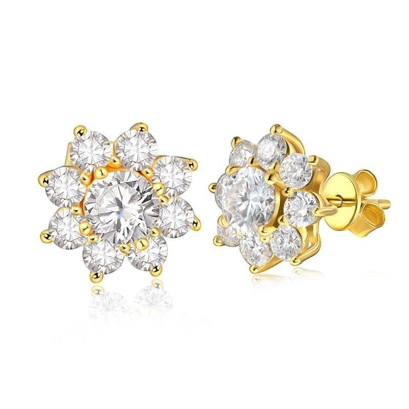 Bee-Bee's 18k white gold plated moissanite stud earrings, D VVS1 certified, round cut, flower design, sterling silver.