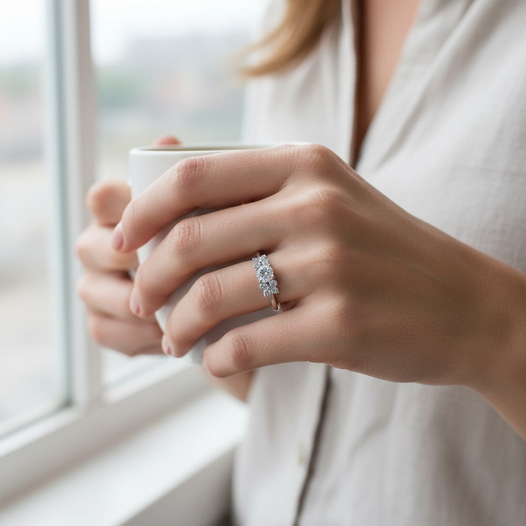 Bee-Bees 1ct D VVS1 moissanite engagement ring in 18k white gold plated 925 silver worn on a woman's hand.