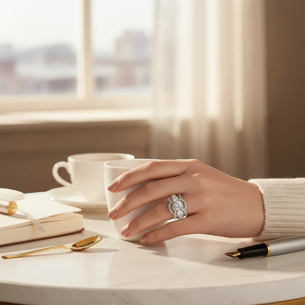 Bee-Bees 1CT round cut moissanite engagement ring in S925 sterling silver worn on a hand at a bright cafe table.