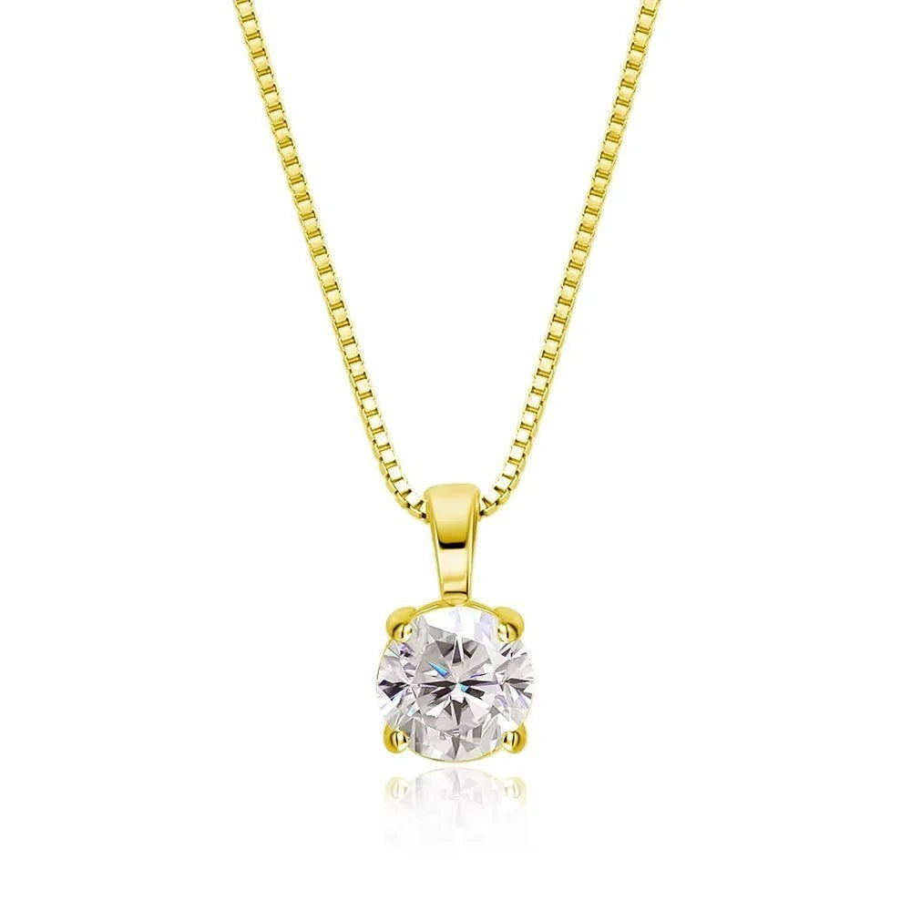 Bee-Bee's 1ct round-cut moissanite solitaire necklace in 18k gold-plated sterling silver with a box chain.