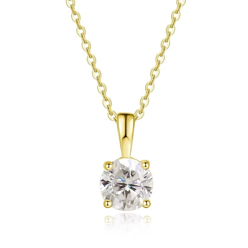 Bee-Bee's 1ct round-cut moissanite solitaire necklace in 18k gold-plated sterling silver with a delicate chain.