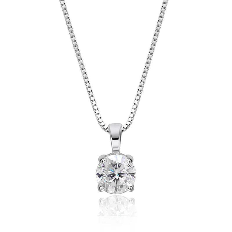 Bee-Bee's 1ct round-cut moissanite solitaire necklace with a 4-prong setting on a silver box chain.