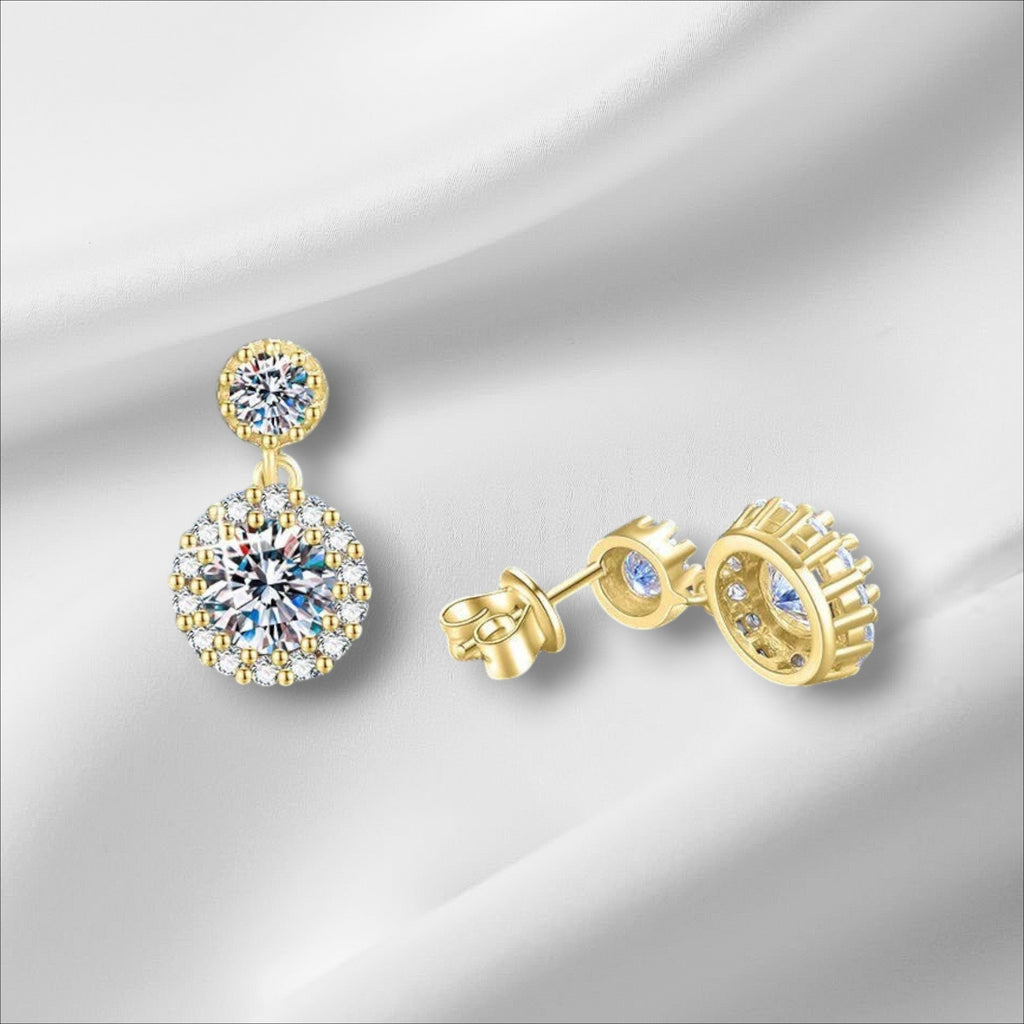 Bee-Bee's 1ct round cut moissanite drop earrings in 18k yellow gold plated S925 silver with GRA certificate.