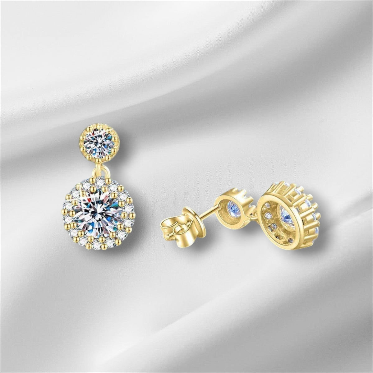 Bee-Bee's 1ct round cut moissanite drop earrings in 18k yellow gold plated S925 silver with GRA certificate.