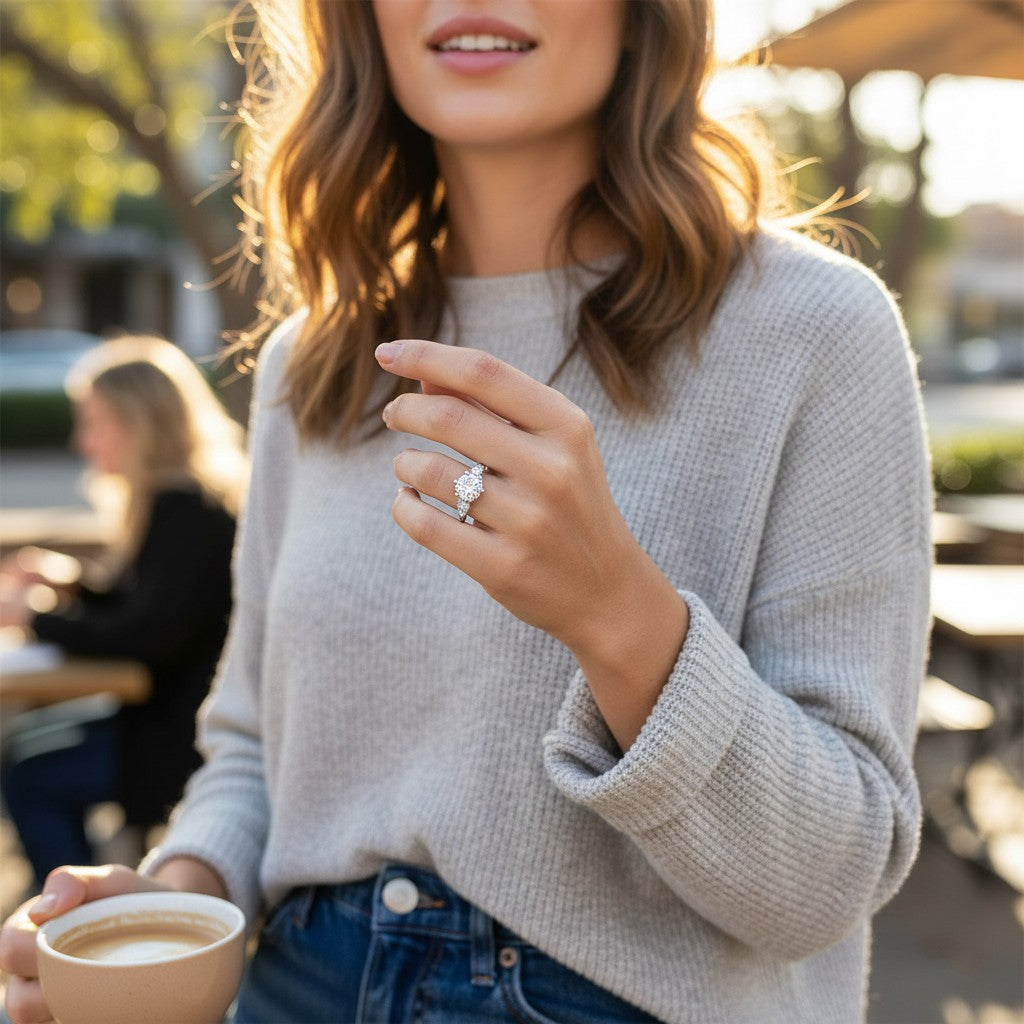 Bee-Bees 1ct round moissanite engagement ring in s925 sterling silver worn by a woman holding a coffee cup outdoors.
