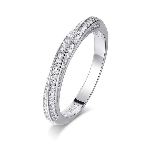 Bee-Bees 1mm sterling silver eternity band with pave-set moissanite stones and 18K white gold plating.