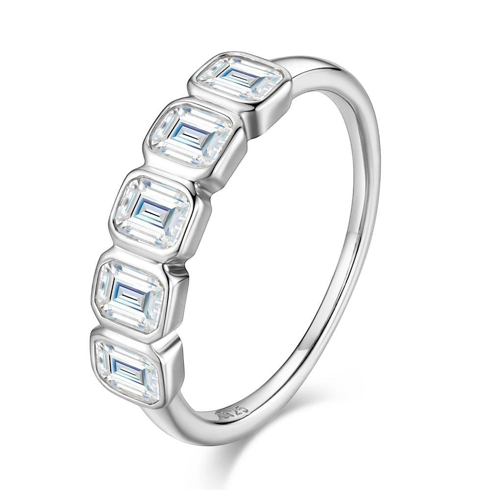 Bee-Bees 2.5ctw emerald cut moissanite 5-stone band in sterling silver with 18k gold plating.