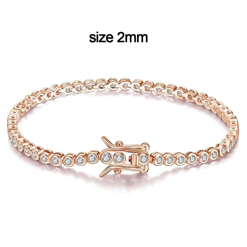 Bee-Bees 2mm rose gold moissanite tennis bracelet with D Color VVS1 stones and S925 silver.