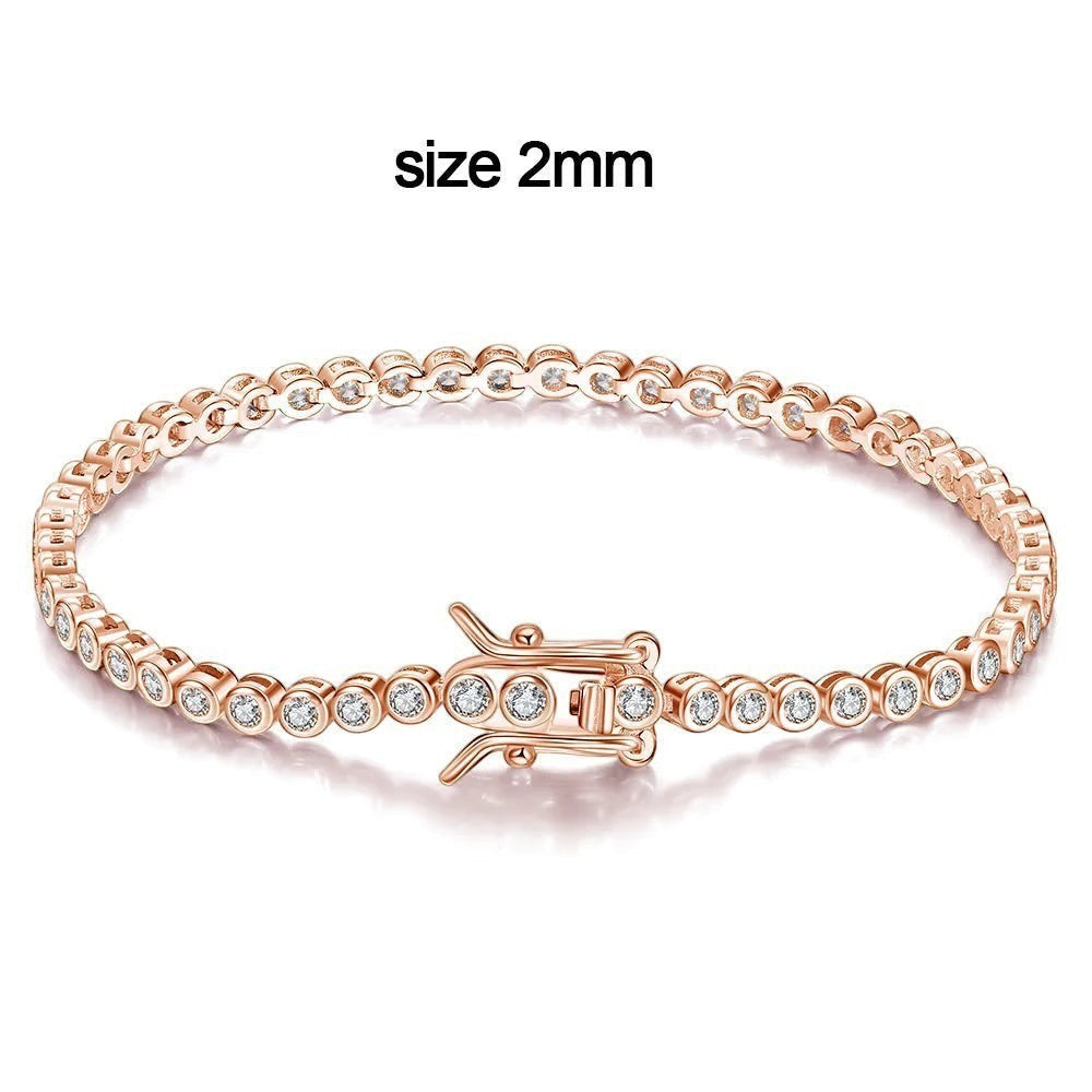 Bee-Bees 2mm rose gold moissanite tennis bracelet with D Color VVS1 stones and S925 silver.