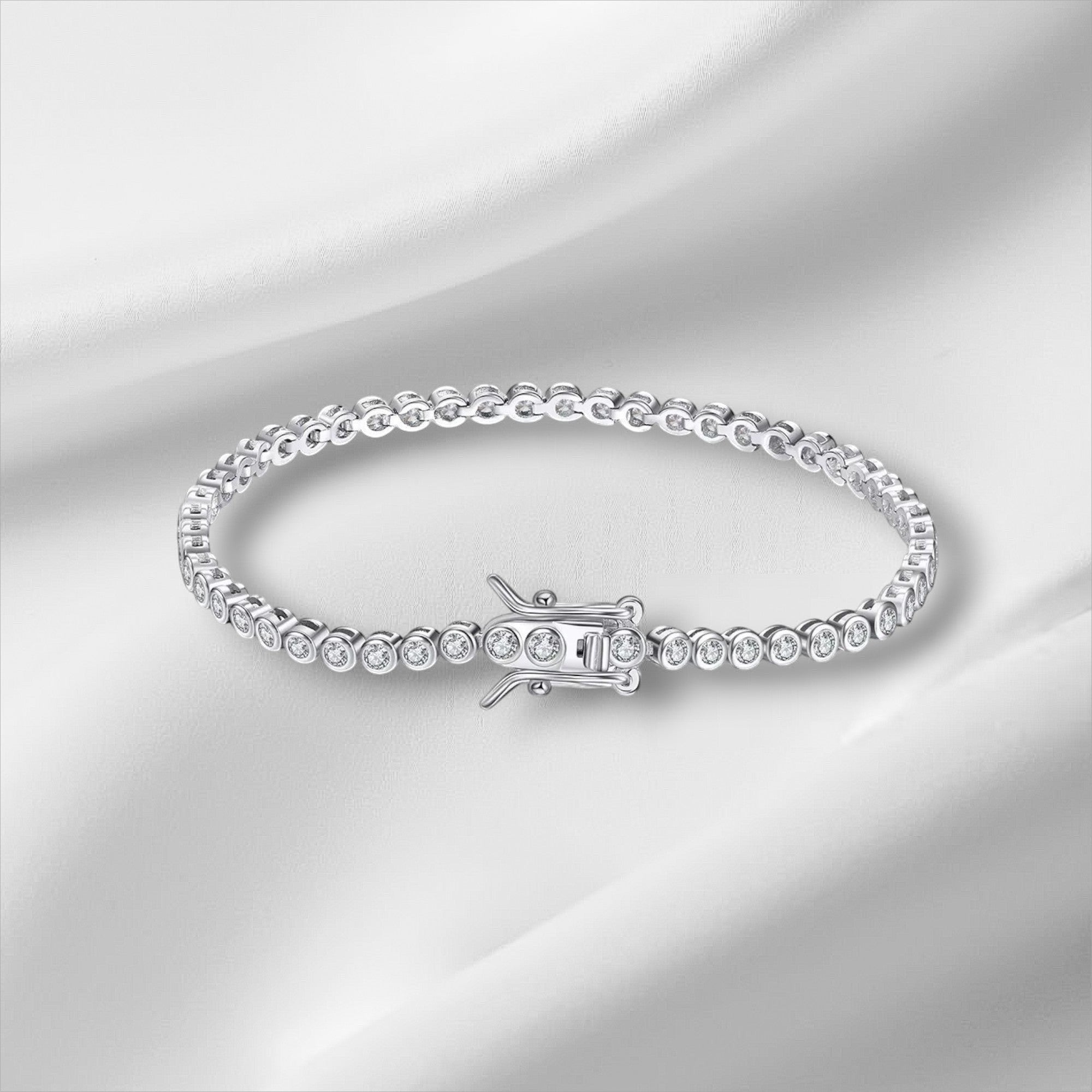 Bee-Bees 2mm D Color VVS1 Moissanite Tennis Bracelet in S925 Silver with 18K White Gold plating and secure clasp.