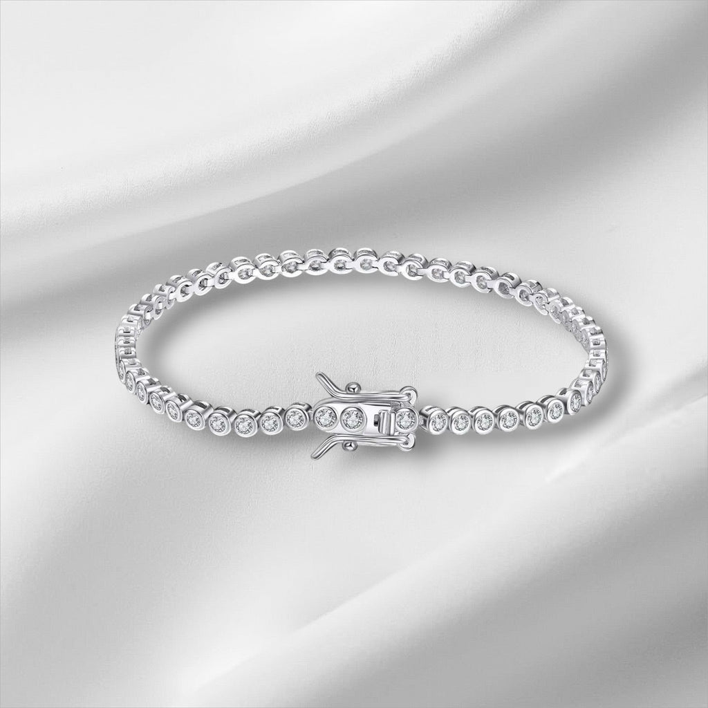 Bee-Bees 2mm D Color VVS1 Moissanite Tennis Bracelet in S925 Silver with 18K White Gold plating and secure clasp.