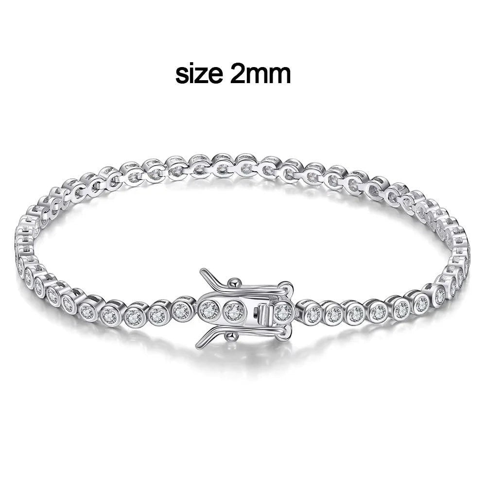 Bee-Bees 2mm D Color VVS1 Moissanite tennis bracelet in S925 silver with white gold plating and secure clasp.