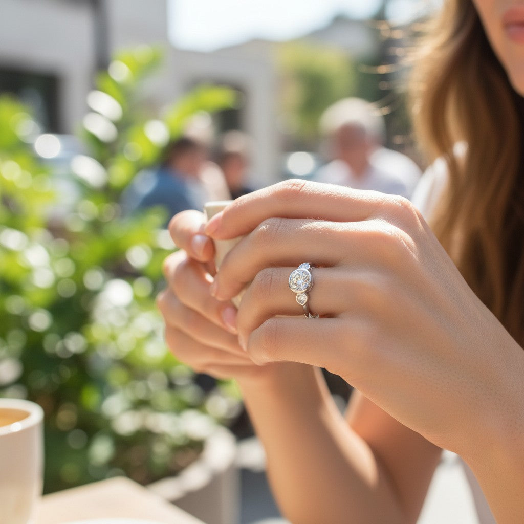 Bee-Bees 1.6ct 3-stone moissanite engagement ring in 18k white gold plated 925 sterling silver worn on a woman's hand.