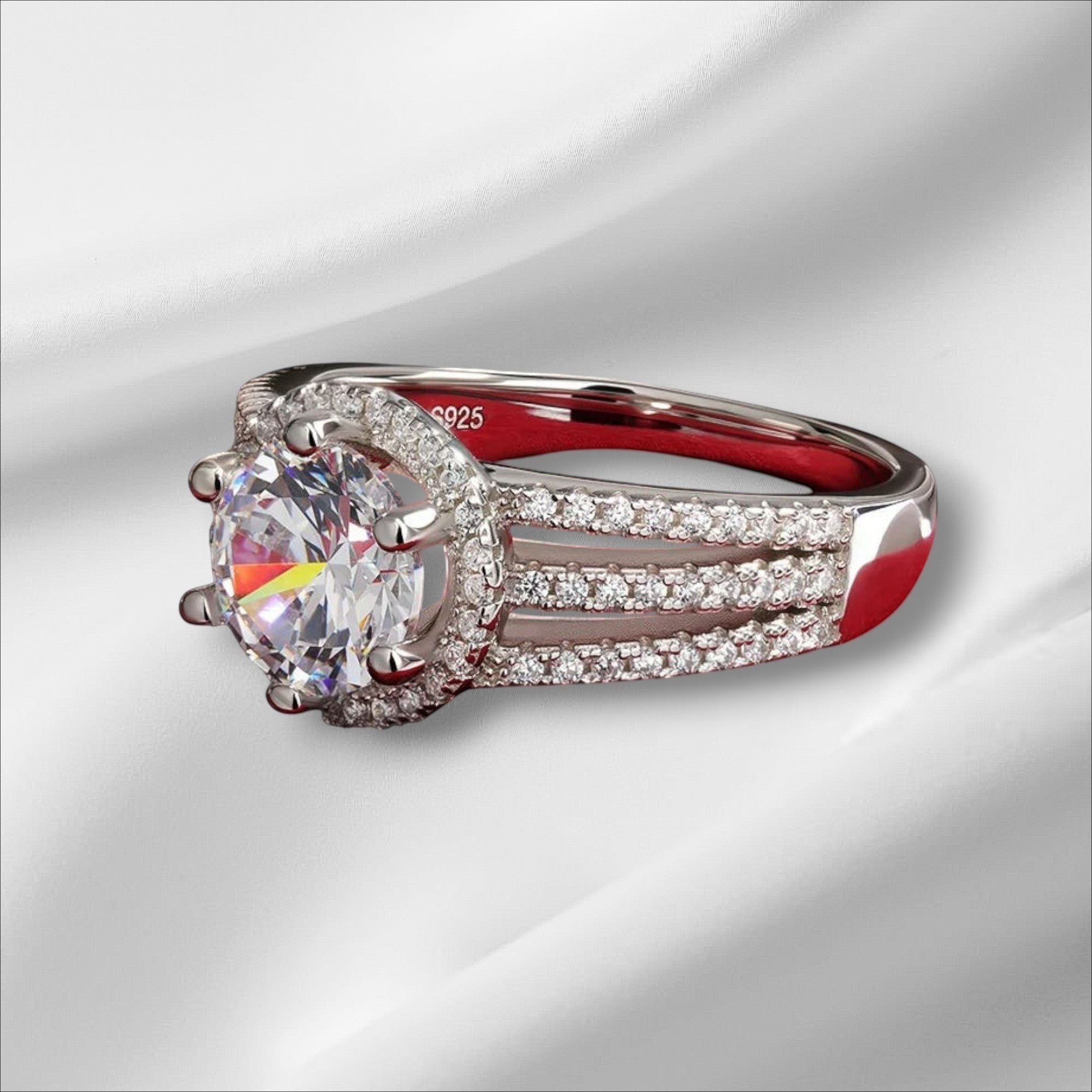 Bee-Bee's 3ct round brilliant cut moissanite engagement ring in s925 sterling silver with 18k white gold plating and pave band.