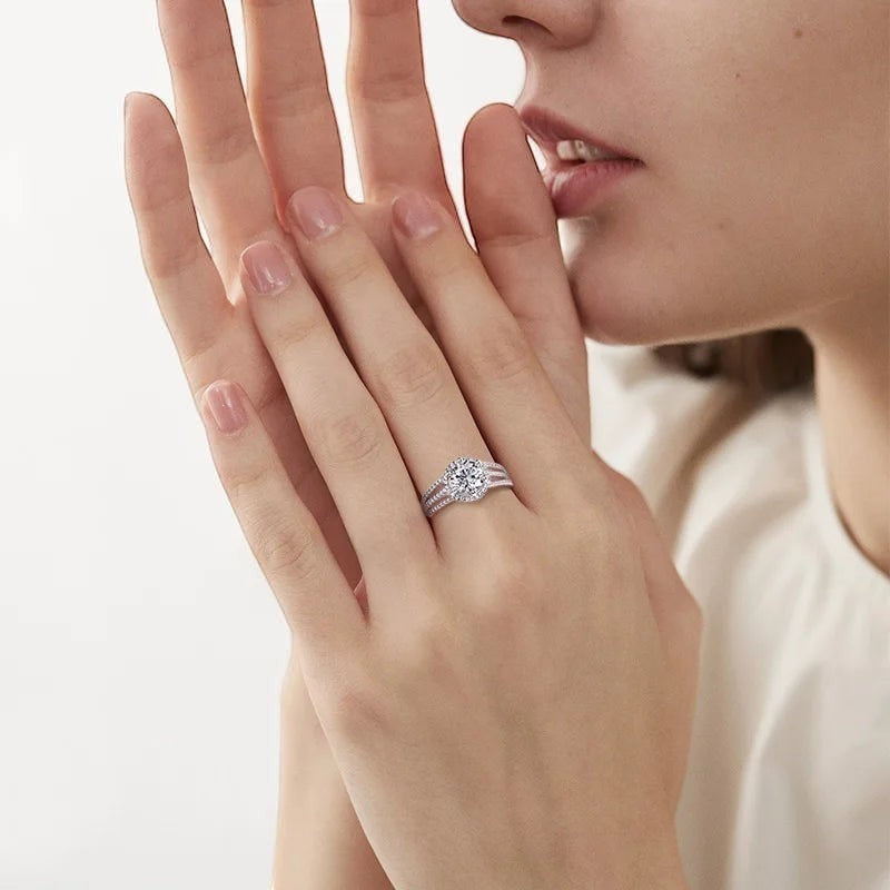 Bee-Bees 3ct round moissanite engagement ring in s925 sterling silver with 18k white gold plating and pave band.
