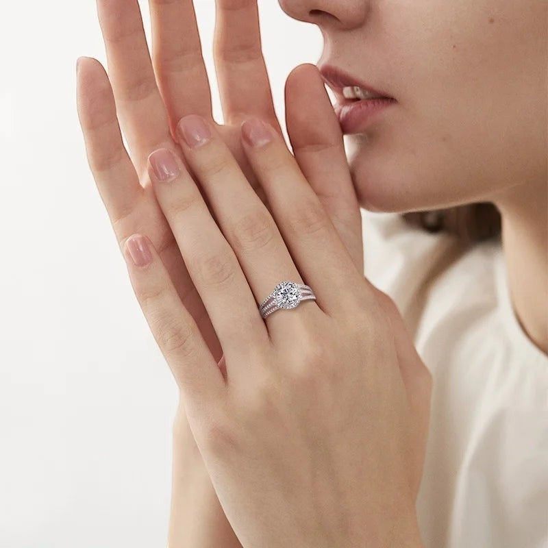 Bee-Bees 3ct round moissanite engagement ring in s925 sterling silver with 18k white gold plating and pave band.