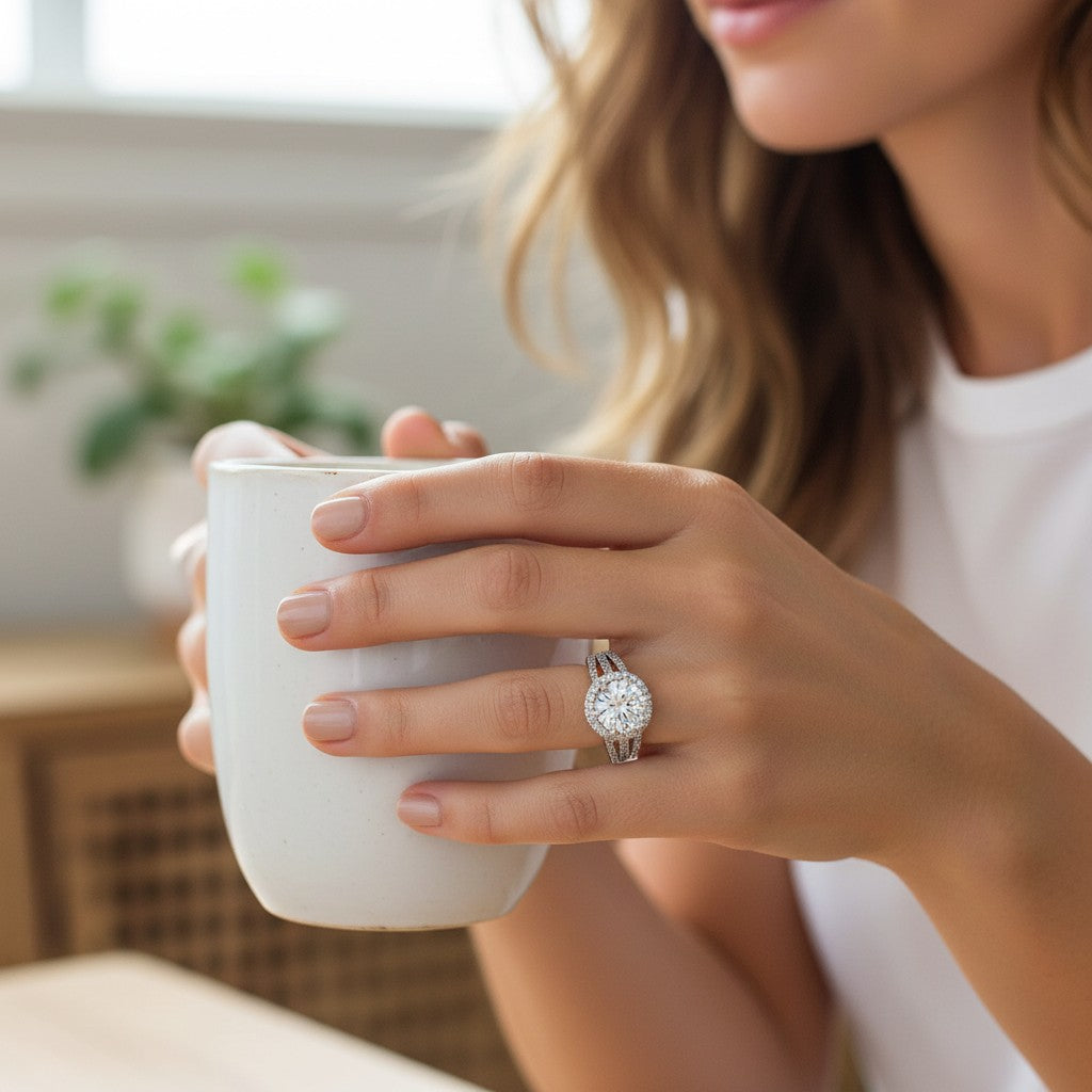 Bee-Bees 3ct round moissanite engagement ring in s925 sterling silver worn on a woman's finger while holding a mug.