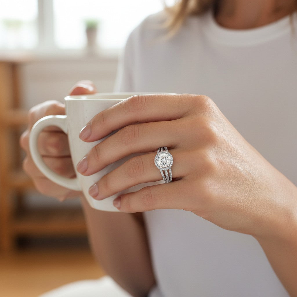 Bee-Bees 3ct round moissanite engagement ring in s925 sterling silver with 18k white gold plating worn on a hand