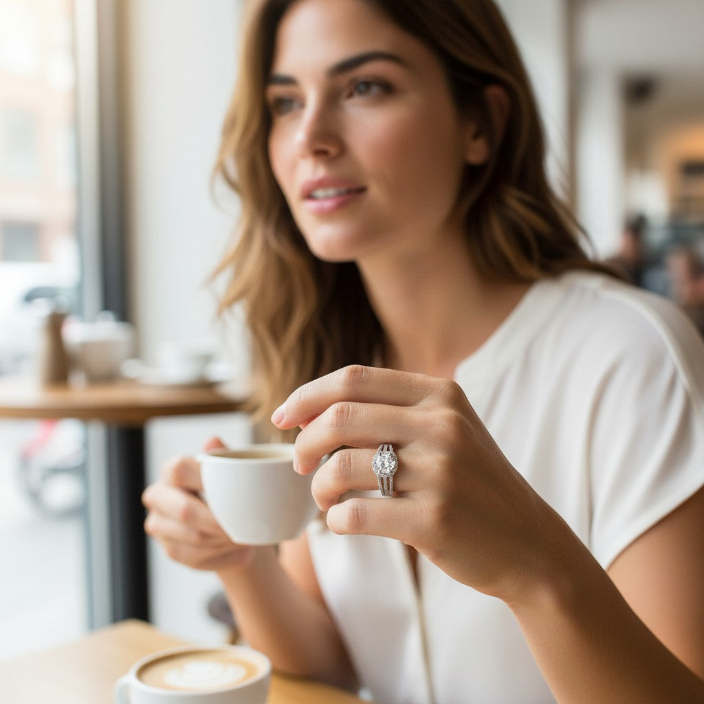 Bee-Bees 3ct round moissanite engagement ring in s925 sterling silver worn by a woman holding a coffee cup