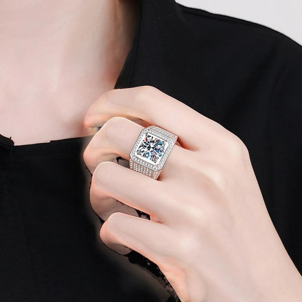 Bee-Bee's 5ct D Color Moissanite Hip Hop Ring in 18k gold plated 925 silver with a large center stone and pavé band.
