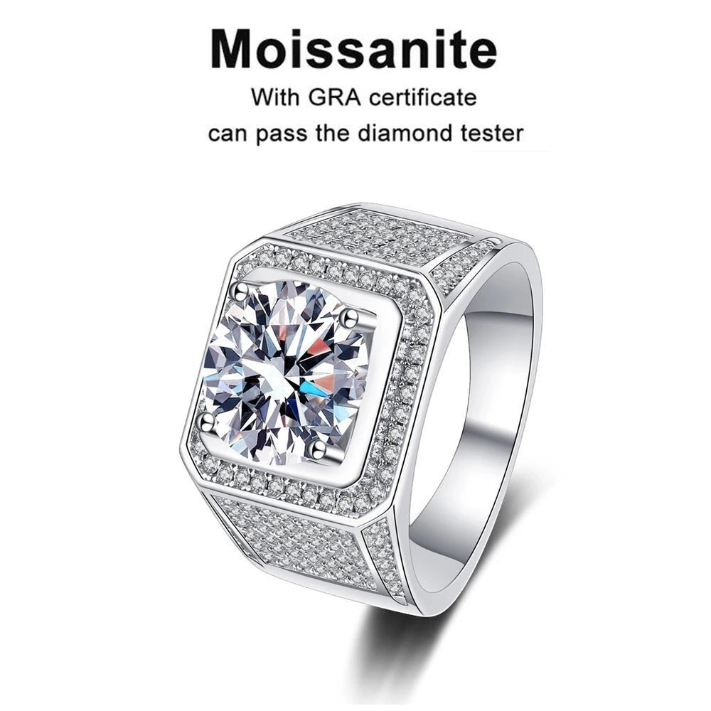 Bee-Bee's 5ct D Color Moissanite Hip Hop Ring in 925 Sterling Silver with 18k Gold plating. Features a large center stone and pavé accents.