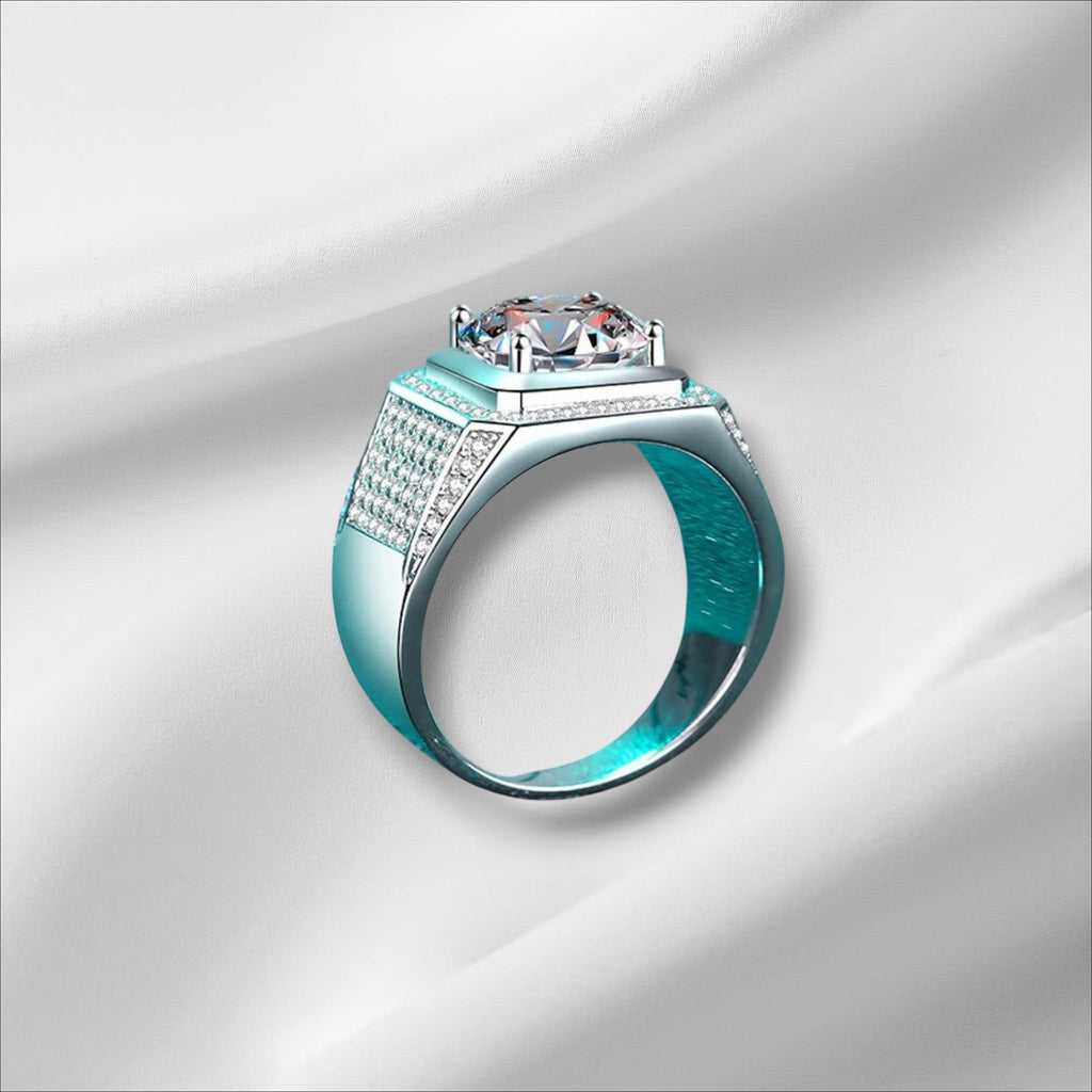 Bee-Bee's 5ct D Color Moissanite Hip Hop Ring in 925 Sterling Silver with 18k Gold plating. Features a large center stone and pavé side stones.
