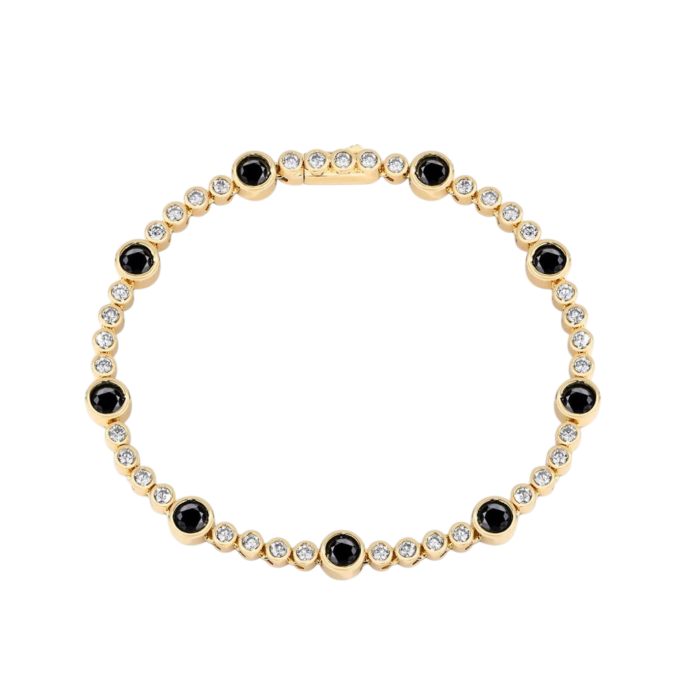Bee-Bees black moissanite tennis bracelet in 18K gold-plated S925 sterling silver with alternating round stones.