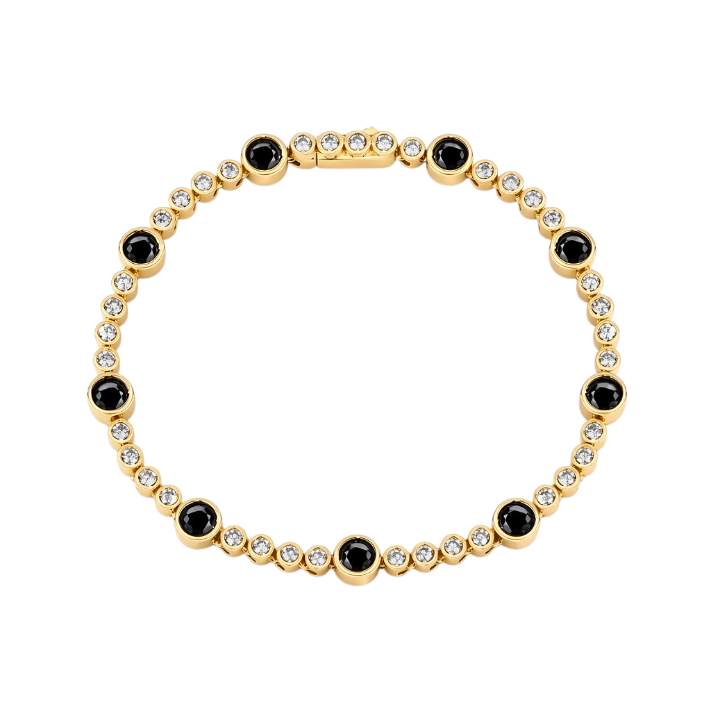 Bee-Bees black moissanite tennis bracelet in 18K gold-plated S925 sterling silver with alternating round stones.