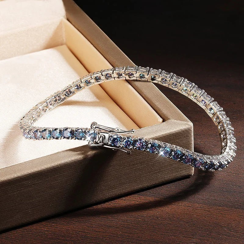 Bee-Bees blue moissanite tennis bracelet crafted from S925 sterling silver with 18k white gold plating.