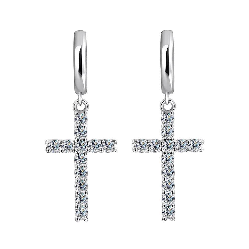 Bee-Bee's sterling silver cross hoop earrings with moissanite stones, 15mm high, 10mm wide.